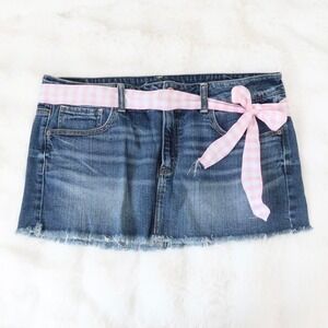 Vintage 2000s American Eagle Denim Mini Skirt with Pink Gingham Ribbon Size 14